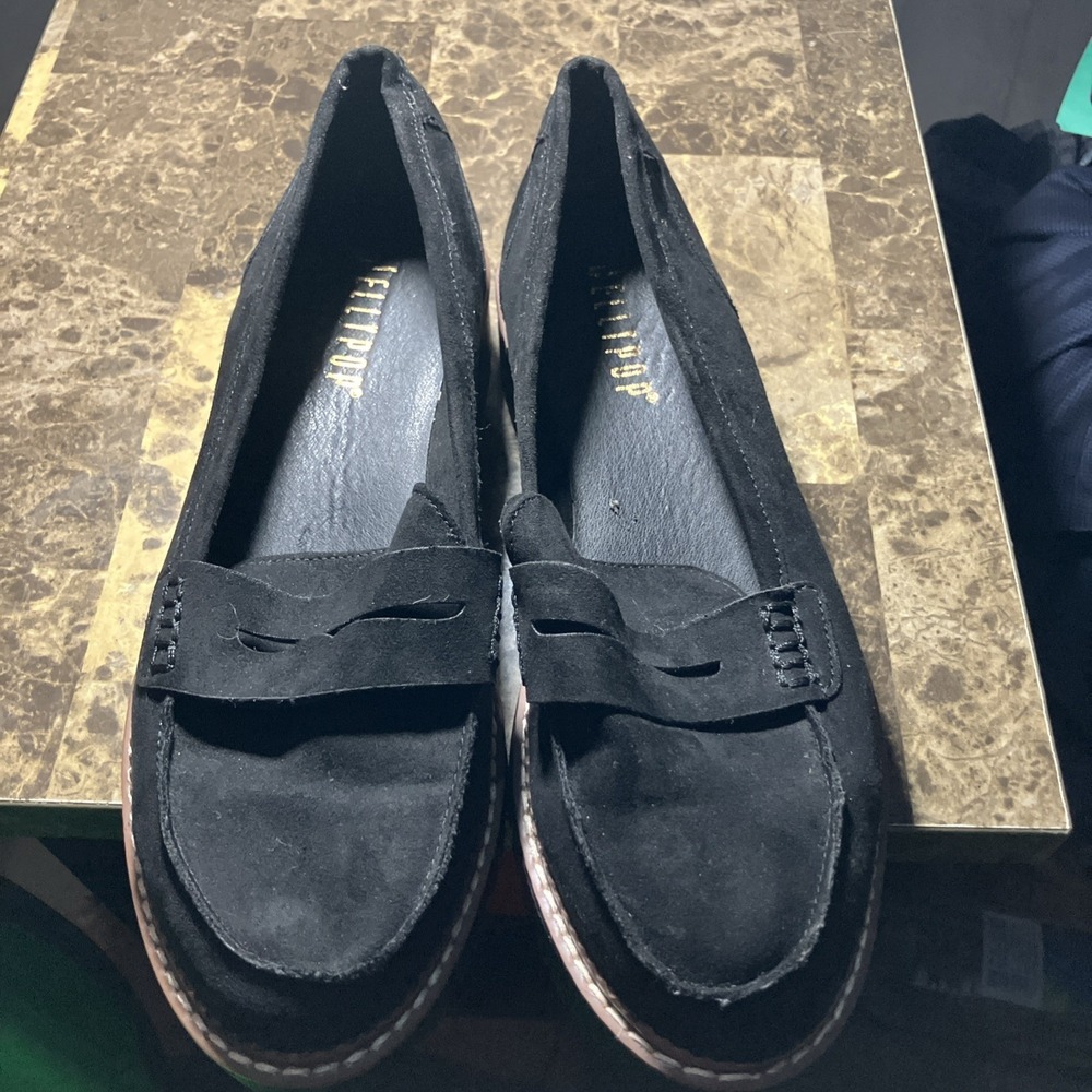 Jellypop loafers, black suede. Size 8W